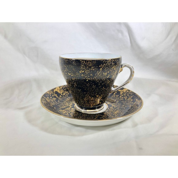 Royal Grafton Bone England Black  Gold Tea Cup & Saucer Set Green Backstamp - Picture 1 of 10